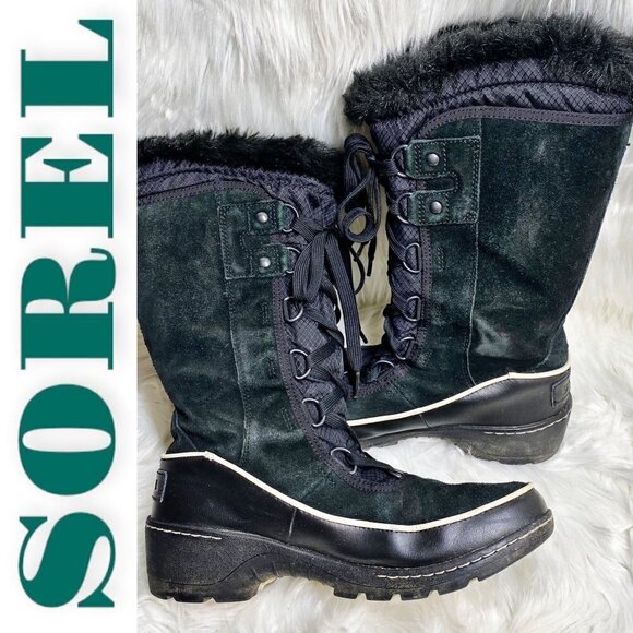 SOREL Tivoli III High Black Suede Faux Fur Trimmed Mid-Calf Boot, Size 7.5 - Picture 1 of 10